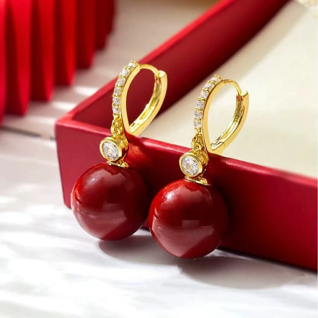 铜合金合成锆石耳饰 精美设计感红色百搭爆款珠珠女士式耳环Q1058