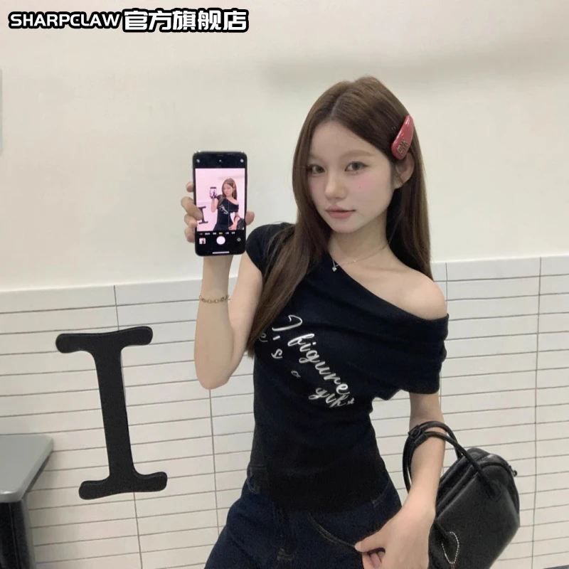 甜辣妹字母印花短袖T恤女装2025夏季新款设计感修身短款露肩上衣