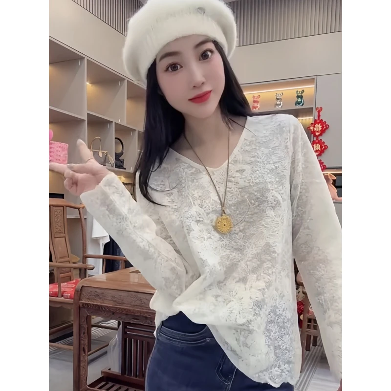 欧货时尚V领提花长袖蕾丝衫女2025秋季新款洋气时髦宽松显瘦上衣