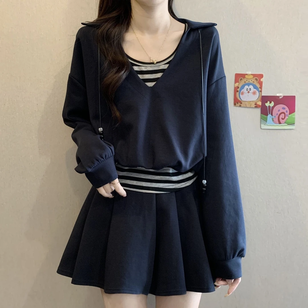 千语大码女装假两件卫衣+松紧腰气质显瘦休闲A字百褶裙套装女秋季