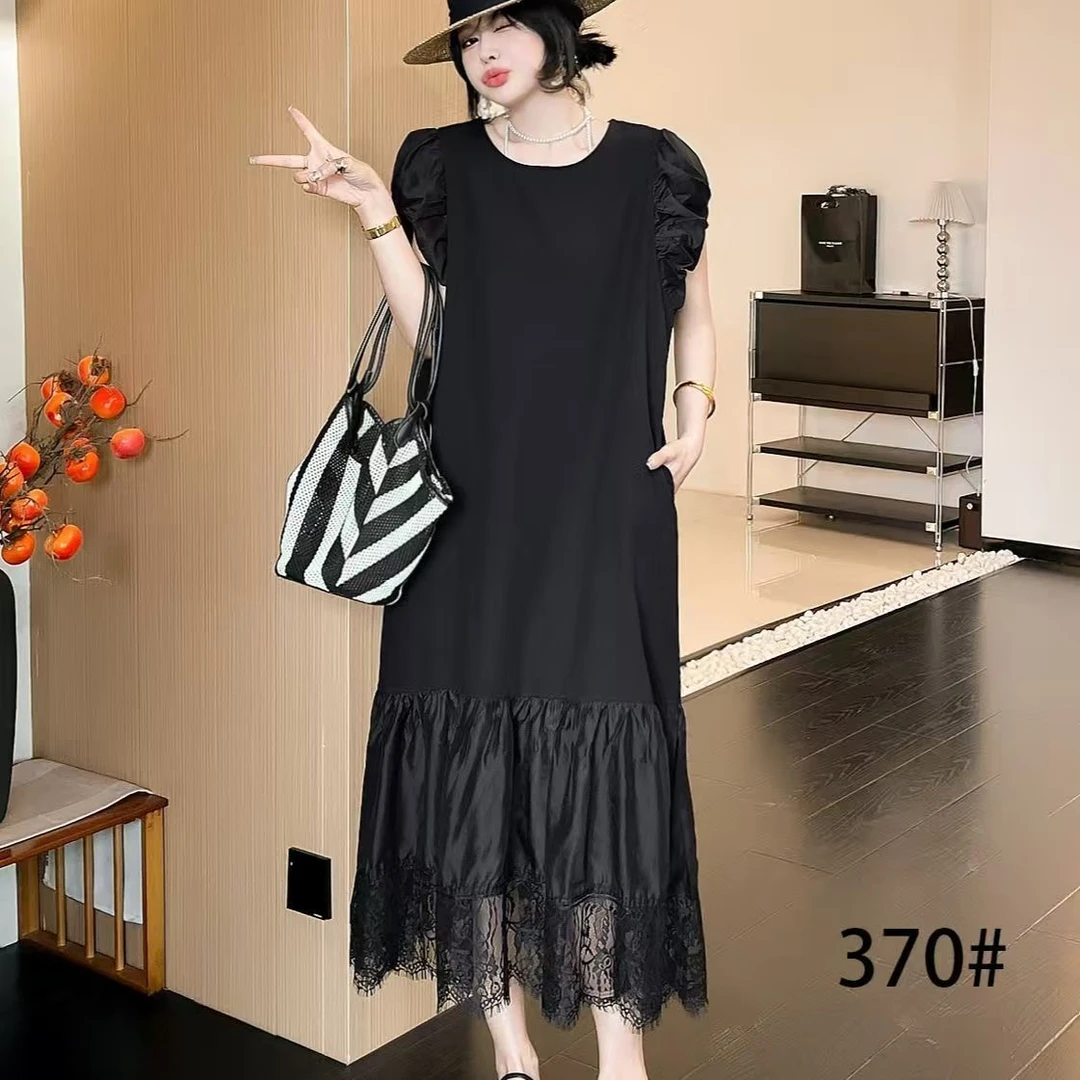 2025夏季蕾丝胖mm泡泡袖连衣裙女显瘦设计感气质收腰裙子甜美长裙