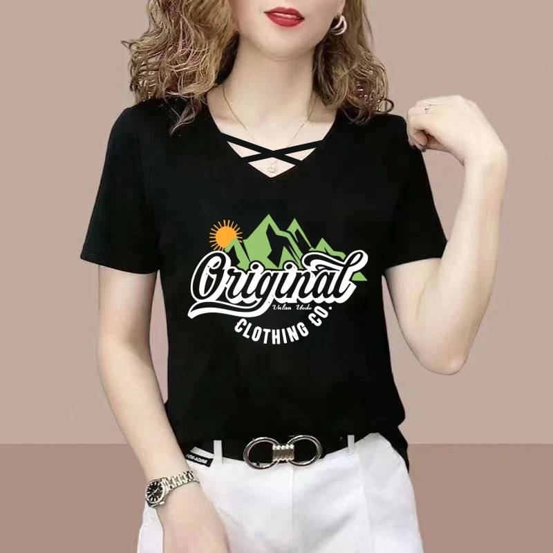 2025新款小众女装短袖t恤女v领弹力显瘦时尚纯棉修身洋气上衣体恤