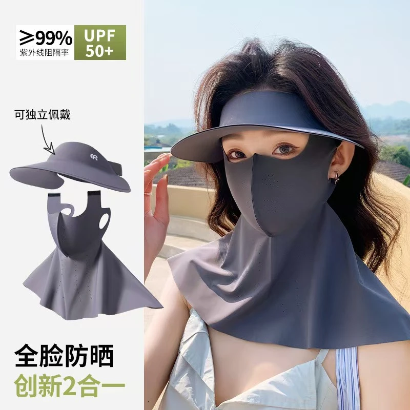 拍一发三件防晒帽女夏季防紫外线透气面罩护颈脖一体全脸遮阳帽子