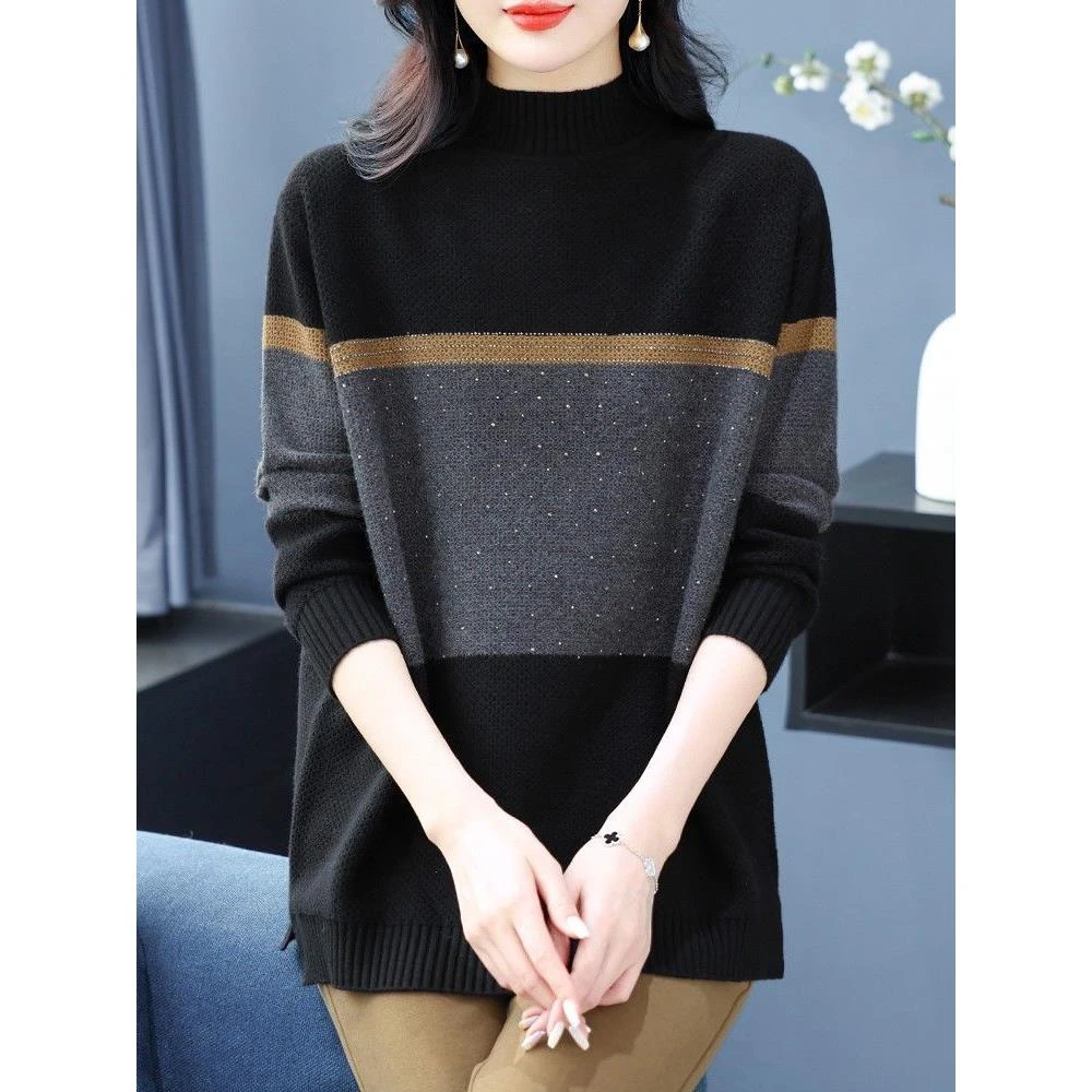 冬季中年妈妈半高领条纹女士毛衣内搭加厚拼色加大加肥打底衫上衣