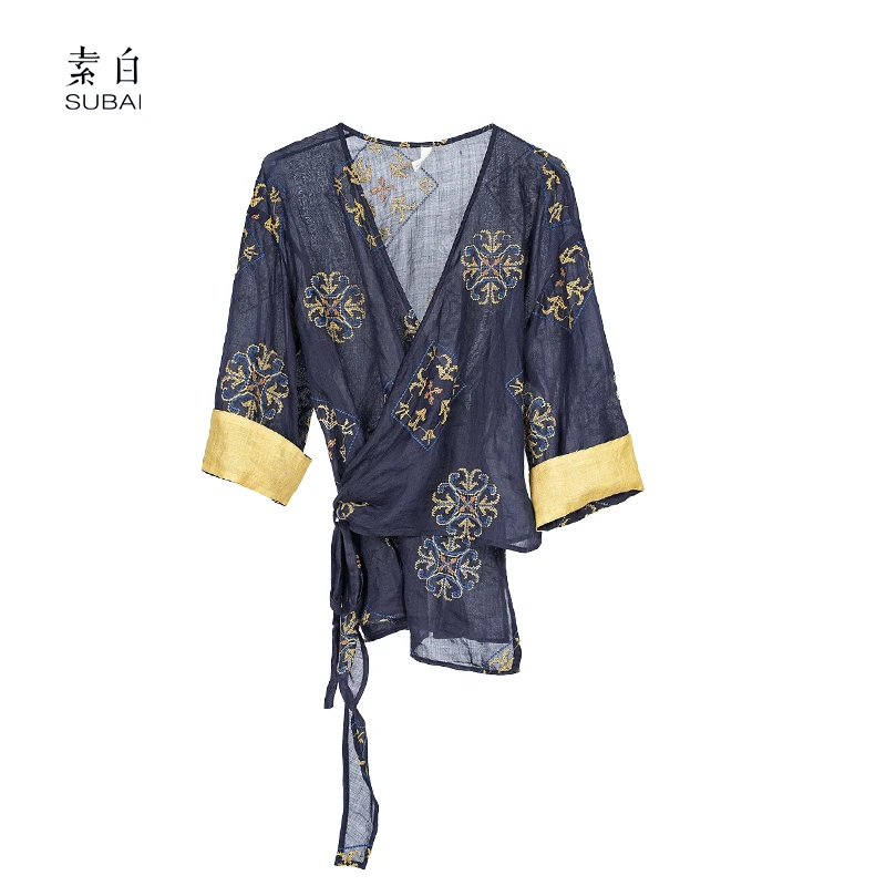 素白【织梦】100%苎麻刺绣国风V领显瘦绑带上衣衬衫SB2503CS01367