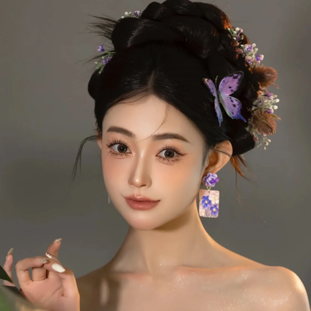 新娘头饰超仙紫色蝴蝶新中式假花发饰高级感气质旗袍礼服晨袍配饰