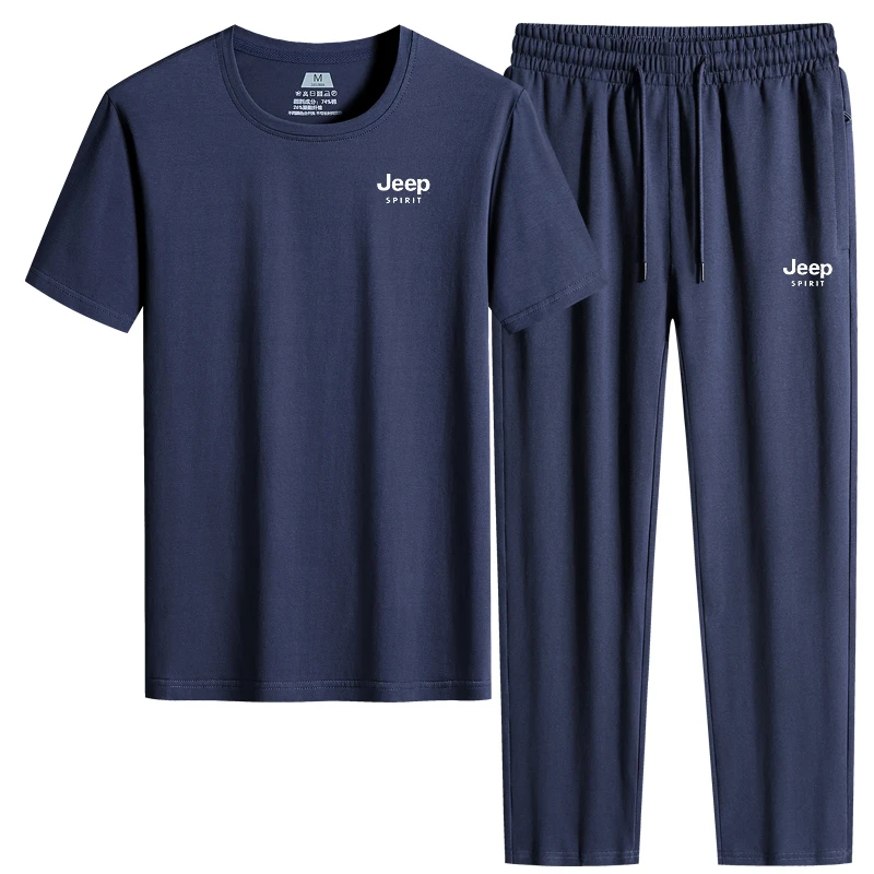 jeep吉普纯棉运动休闲套装男士夏季薄款宽松短袖长裤透气圆领套装