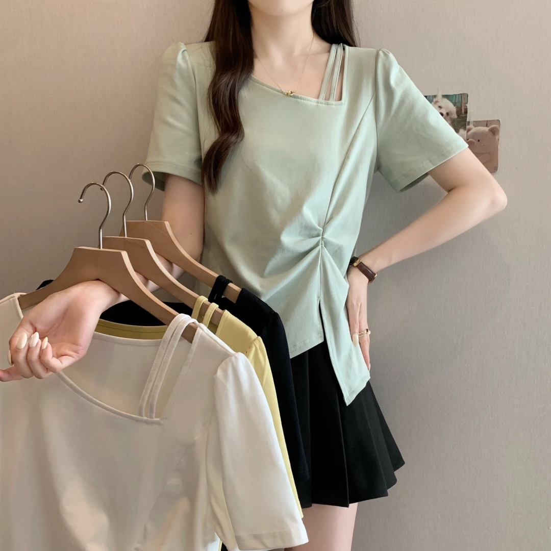 夏季新款胖mm设计感镂空斜领上衣大码不规则捏皱正肩短袖T恤女718