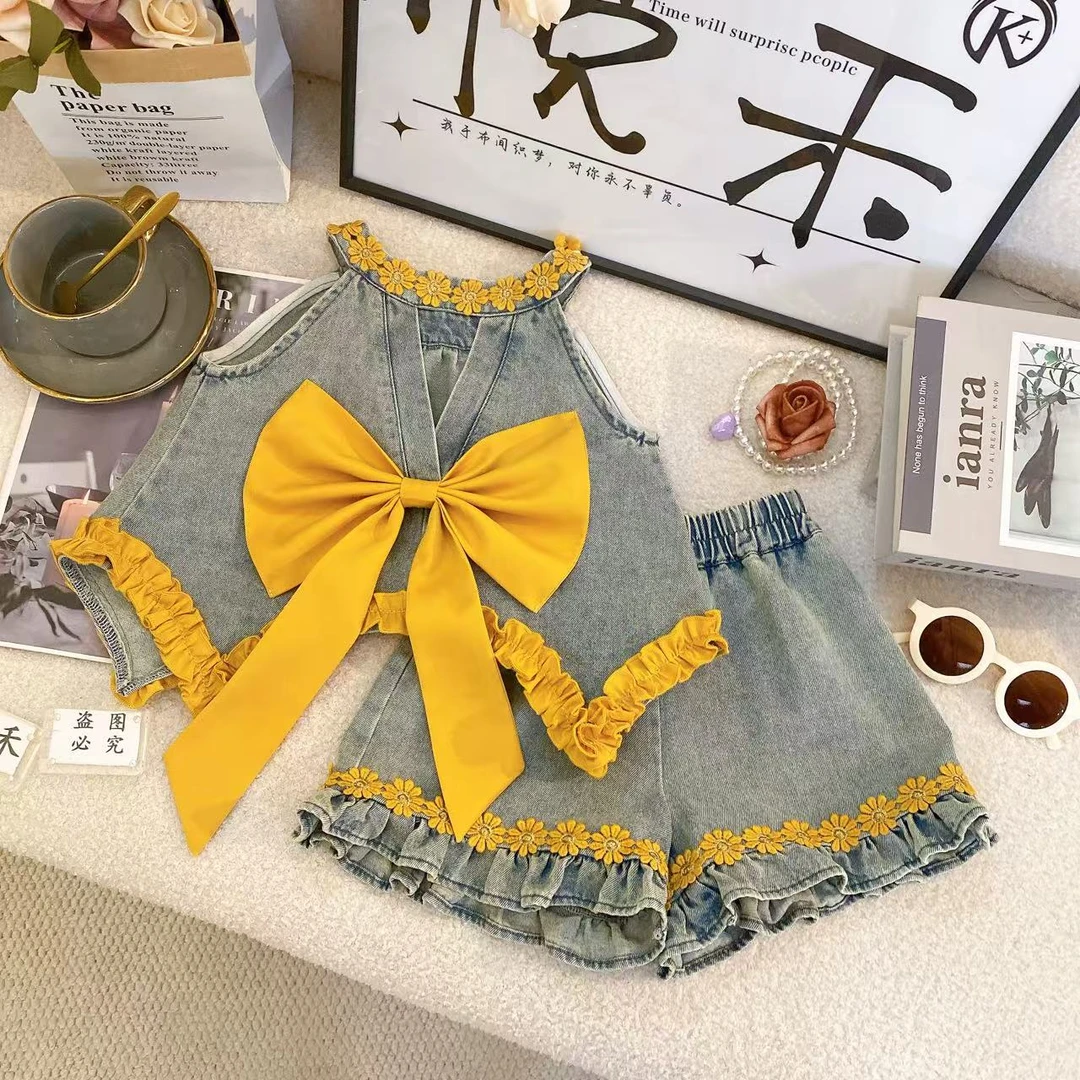 Y2女童港风套装黄色夏季新款个性蝴蝶结休闲洋气儿童套装80590