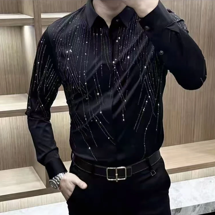 男士长袖衬衫春秋季新款欧货内搭翻领烫钻衬衣男修身休闲百搭上衣