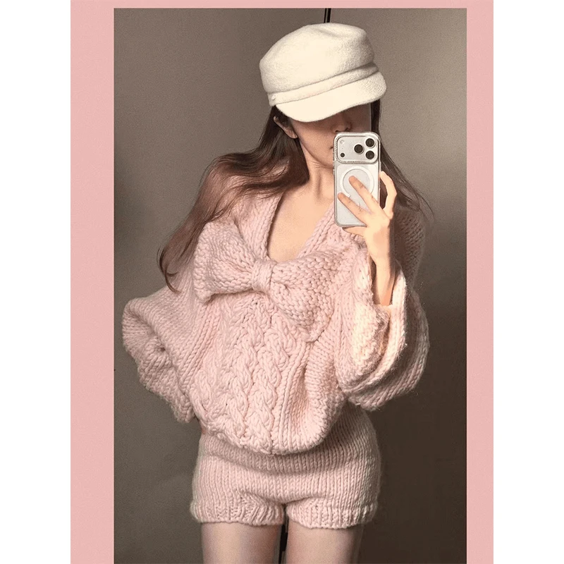 2025新款爆款高级感慵懒风蝴蝶结长袖针织衫毛衣高腰显瘦修身短裤