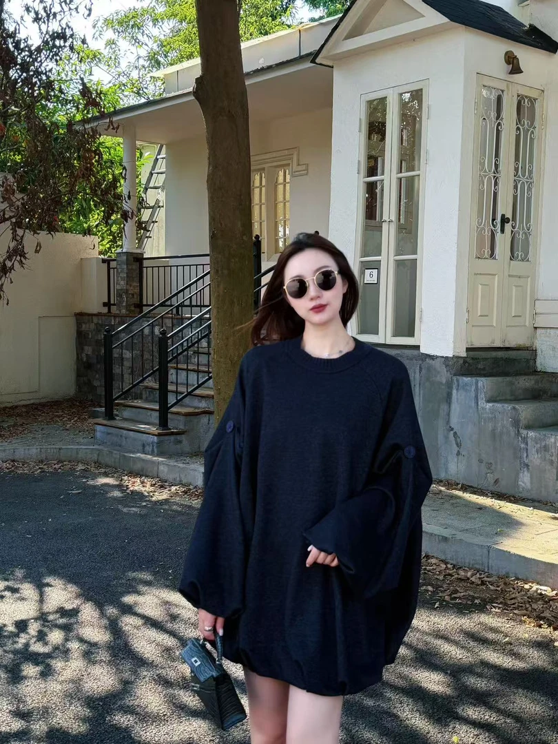 设计师原创新款圆领灯笼袖慵懒松弛感宽松显瘦长袖卫衣Z254078