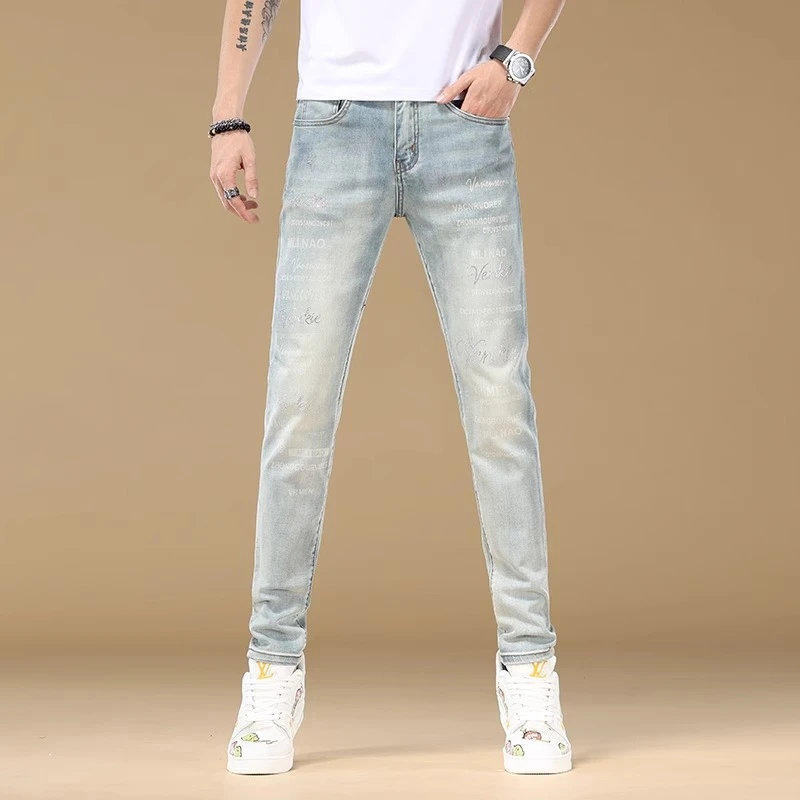 【MR.25】潮牌高端欧货烫钻印花牛仔裤男2025春季新款弹力修身裤