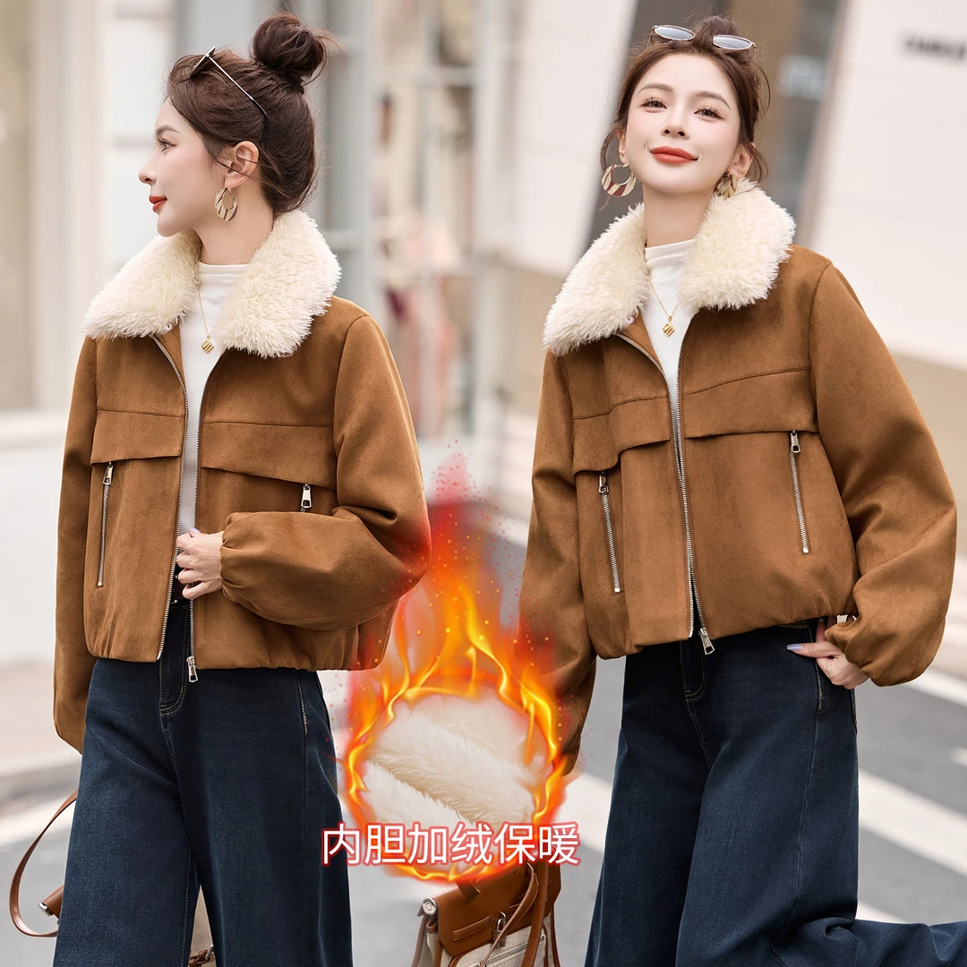 冬季短款加绒I百搭鹿皮绒时尚短外套休闲2025宽松女装冬装小个子