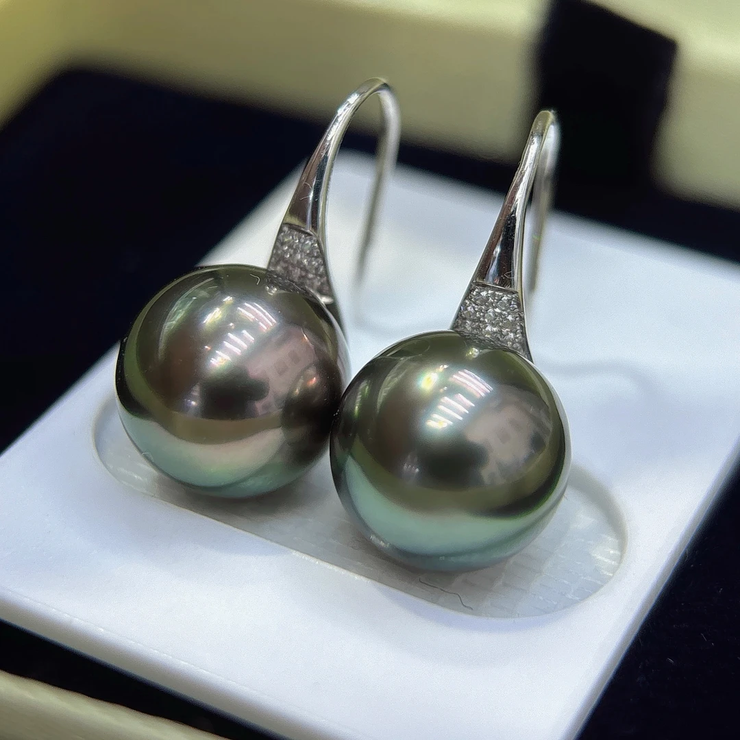 孔雀绿#近正圆微瑕#18K金10.5-11mm大溪地黑珍珠高跟鞋耳钩耳钉