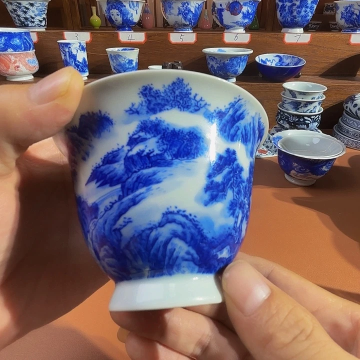 ****青花手工手绘盖碗山水
