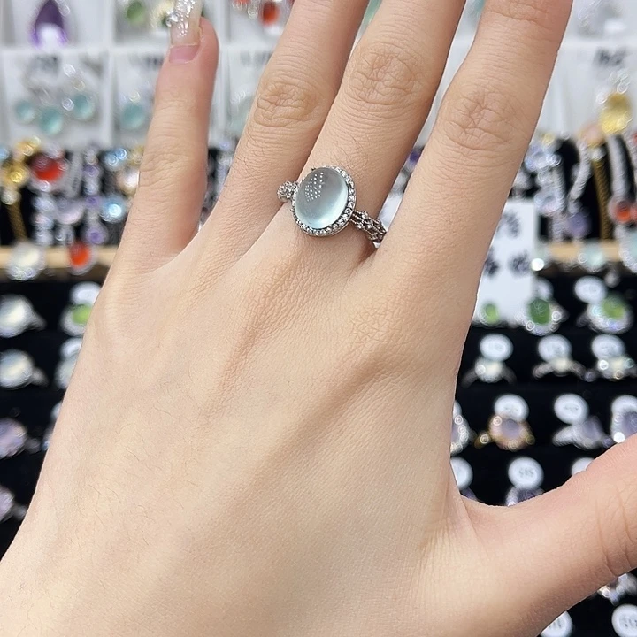 岫玉银S925镶嵌戒指天青冻