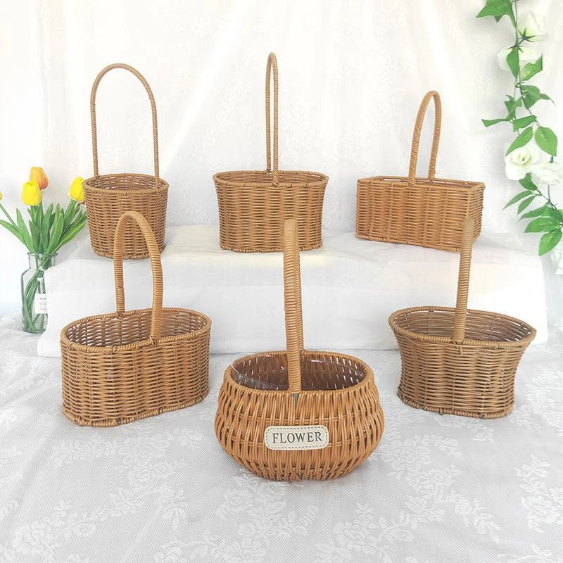 手工编织手提篮子伴手礼手提包收纳草编藤筐仿藤条篮子藤编插花篮
