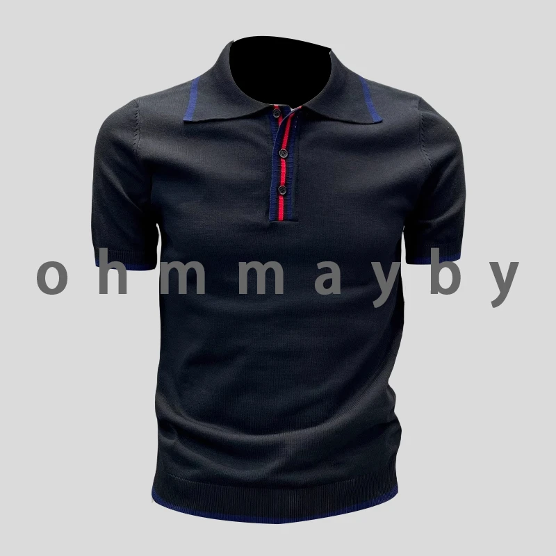 ohmmayby轻奢气质感撞色翻领时尚短袖男针织拼料上衣服透气Polo衫