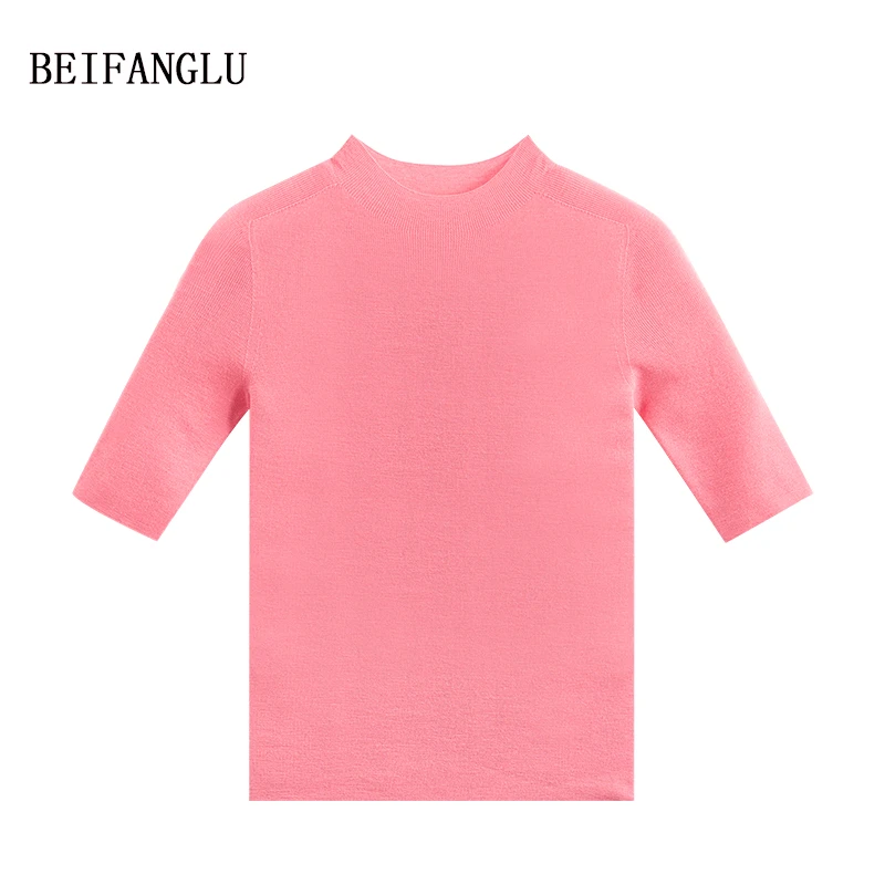 北方鹿 口碑B囤！精纺细支100羊毛无缝半高领短袖针织打底衫女SL05