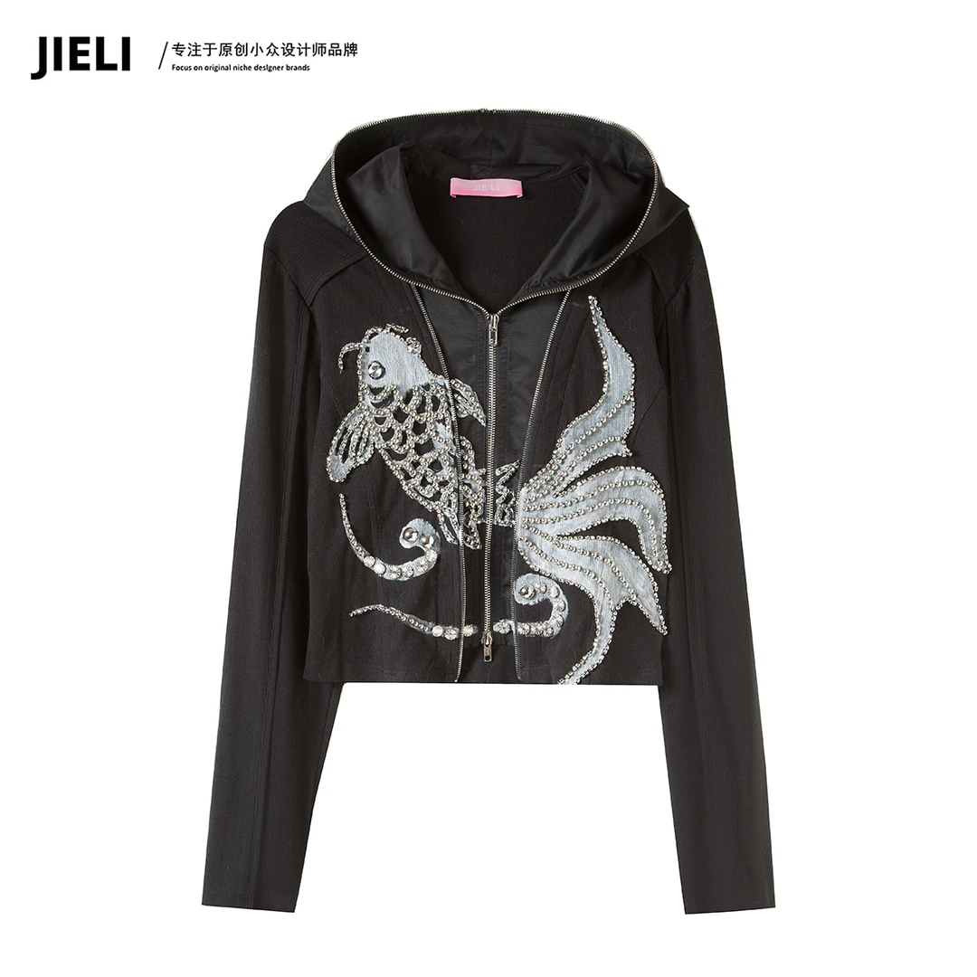 JIE LI/街力设计师高级感简约时尚高级感金鱼黑色上衣外套女T9878