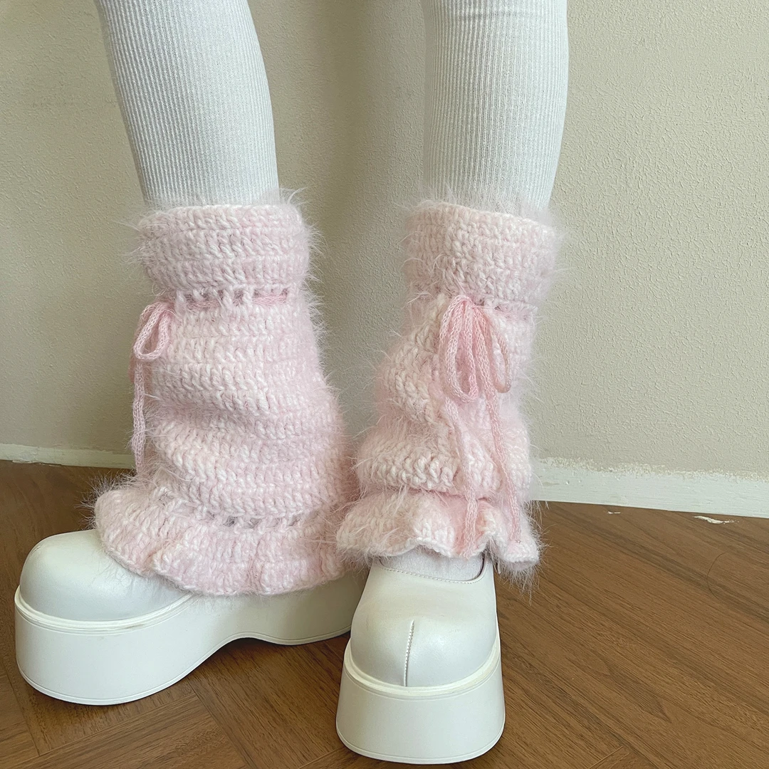 袜贵人冬季新品暖糯毛绒手工木耳边少女粉色糖果色保暖袜套腿套女