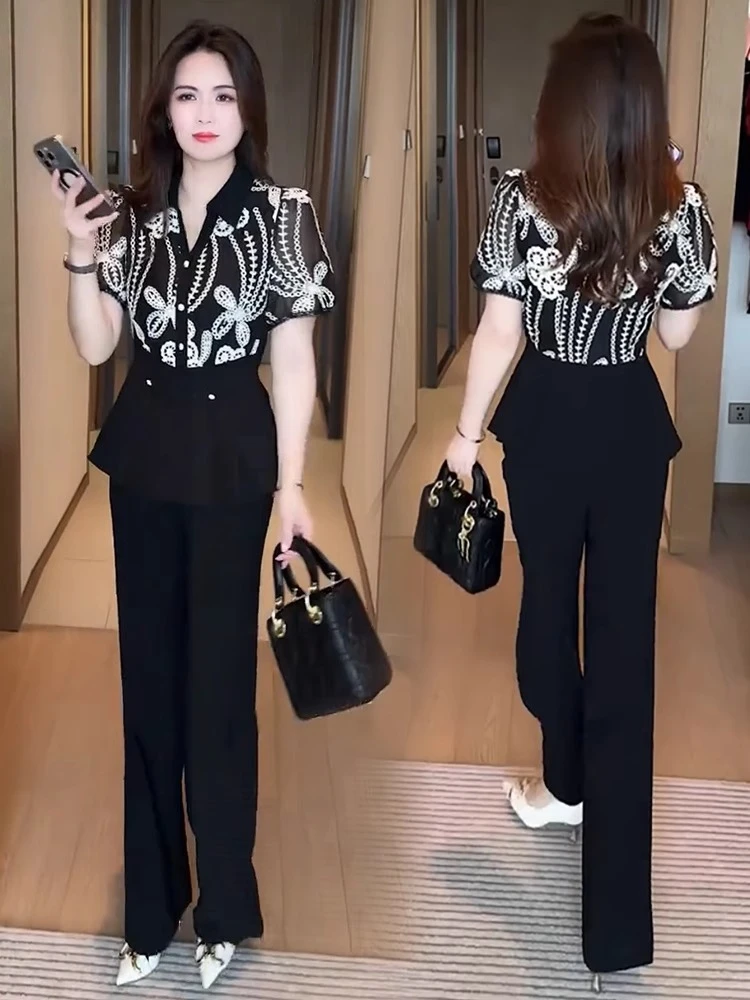 职业时尚套装女2025夏季新款洋气质修身显瘦短袖上衣阔腿裤两件套