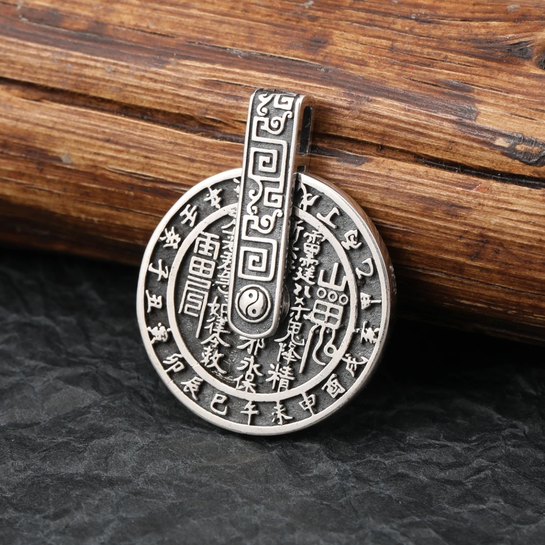 吊坠925银 民族风可转动山鬼花钱平安扣吊坠男女复古做旧国风挂件