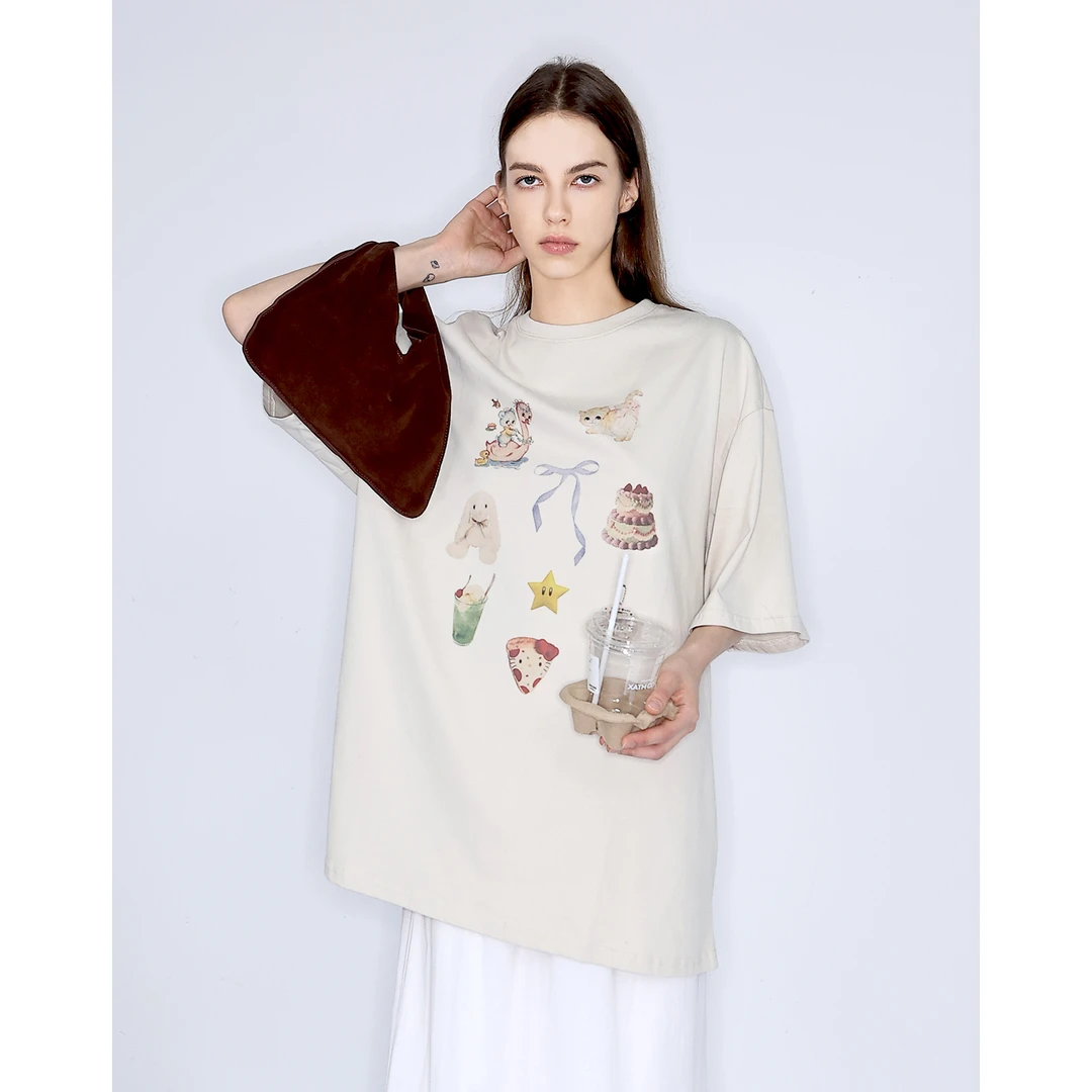 JDE 卡其色纯棉大版圆领短袖T恤女夏季中长款创意印花宽松上衣tee