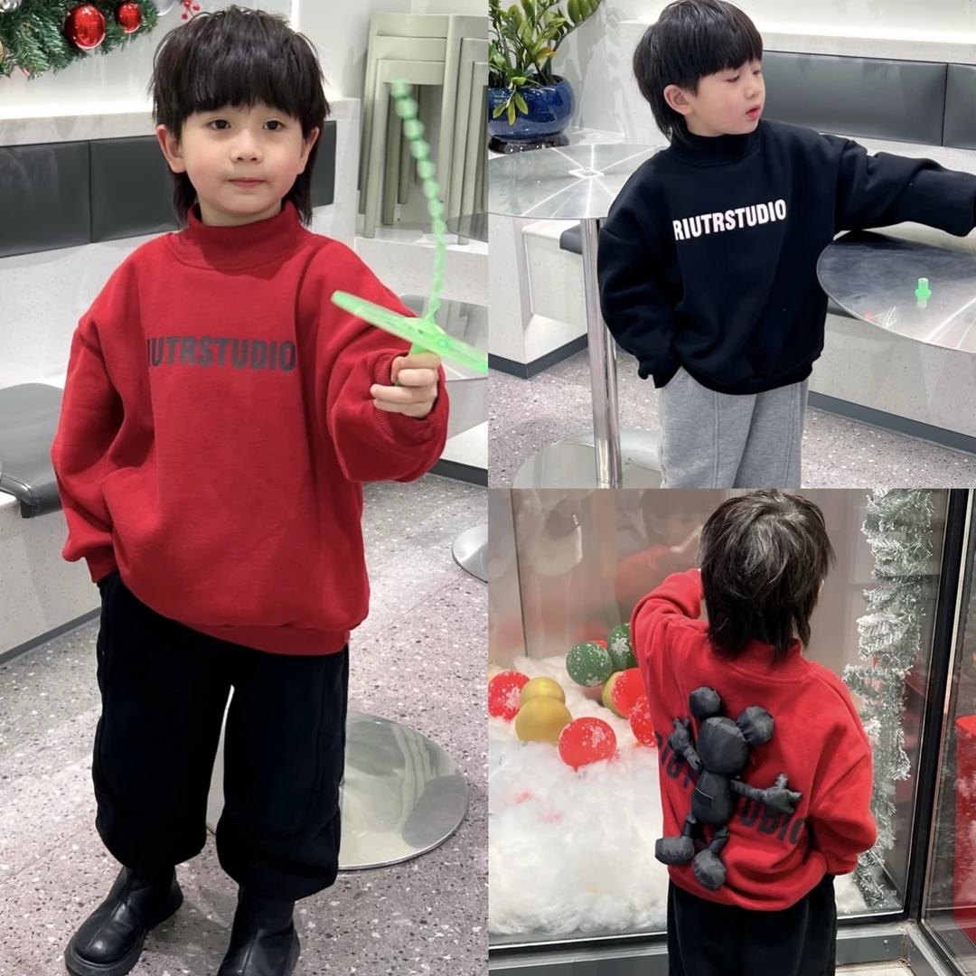 轩轩家2024儿童冬装湖州织里童装立体玩偶字母印花加绒圆领男童卫