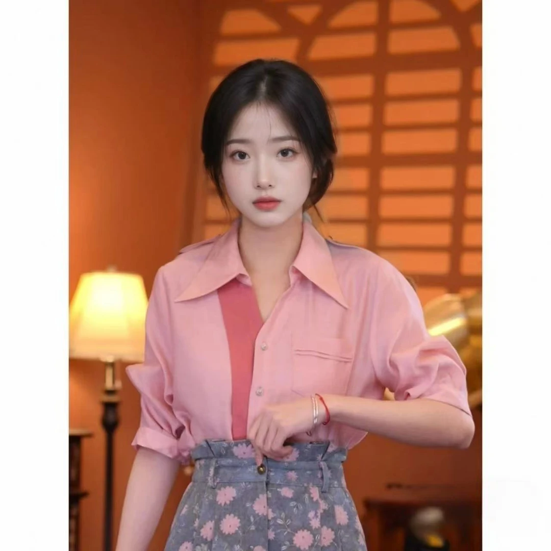 港味复古时尚气质短袖上衣洋气休闲百搭夏季小众减龄宽松衬衫女