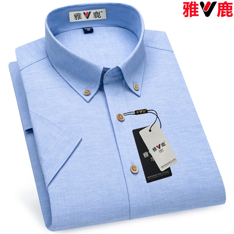 雅鹿商务休闲蓝色衬衫男装夏季爆款轻奢百搭棉麻抗皱修身短袖衬衣
