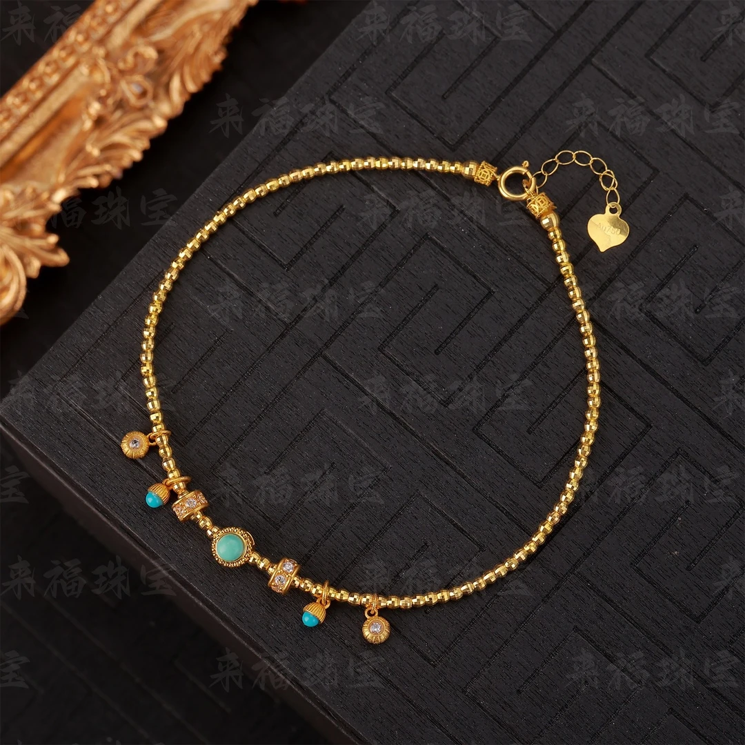 【来福原创】18k金天然原矿天空蓝松松硕果累累流苏蹦迪珠手链-B