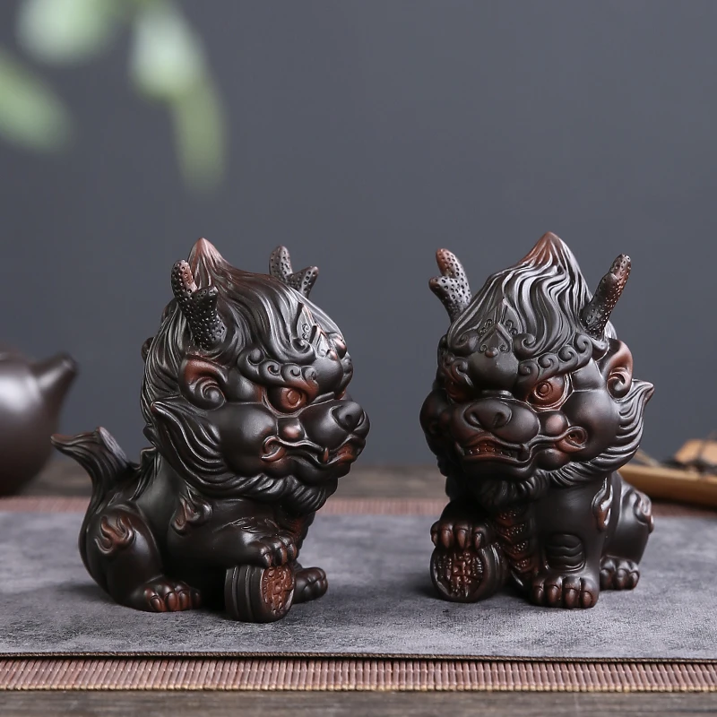 高档紫陶茶宠麒麟茶宠变色摆件精品紫砂变色摆件茶台茶具貔貅配件