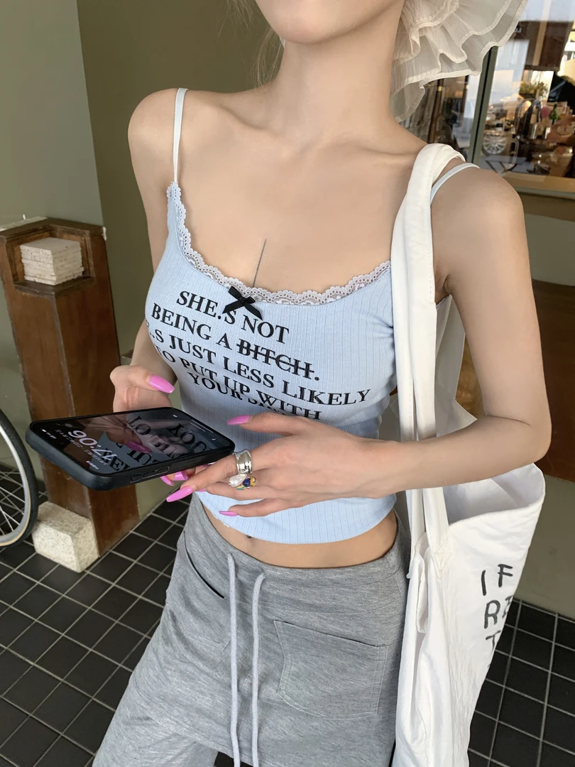 【SEE CHANGE25】辣妹纯欲性感百搭字母拼接蕾丝设计感打底吊带8294