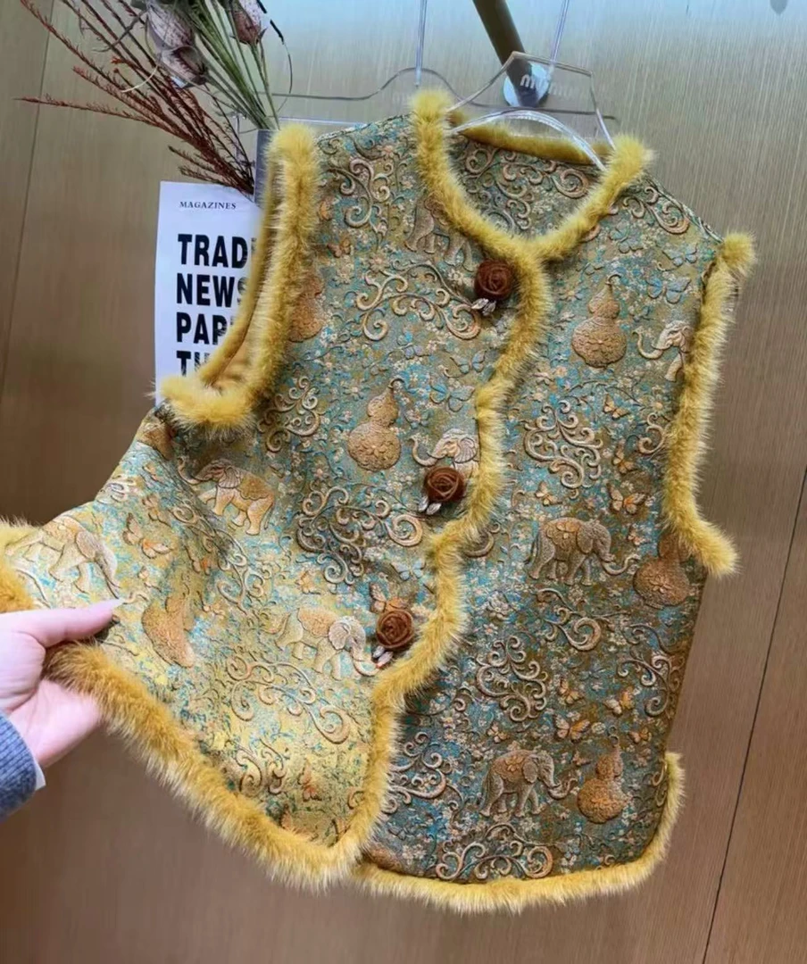 【 宝象花马甲】秋冬文艺风女中国风毛边马夹复古马甲691358