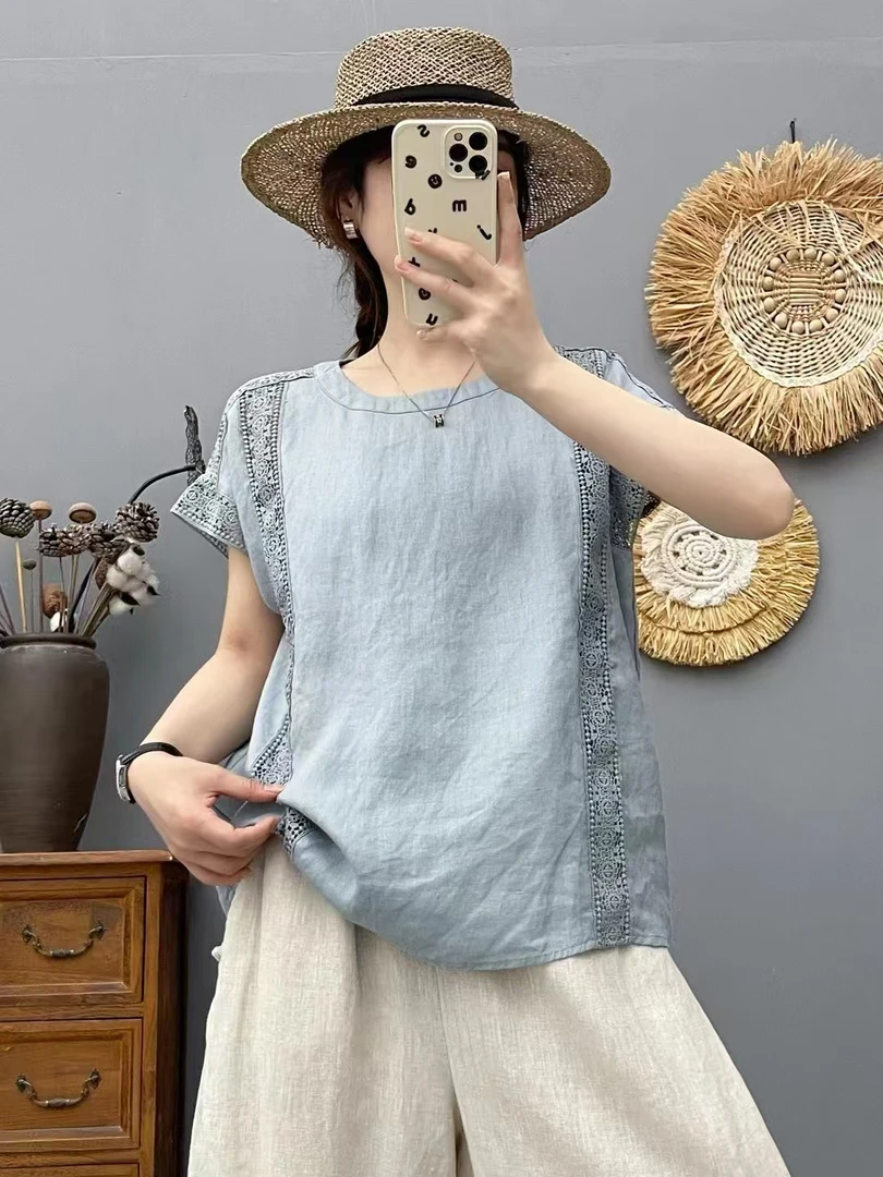 【青青轻奢】2566-307夏季爆款纯亚麻镂空拼接花边衬衫上衣
