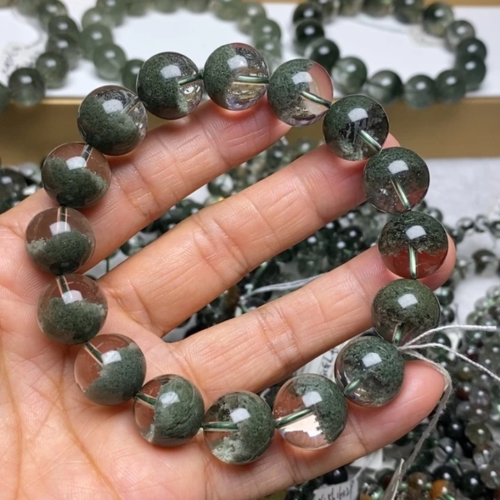 未镶嵌水晶手链J135578天然绿幽灵聚宝盆13+