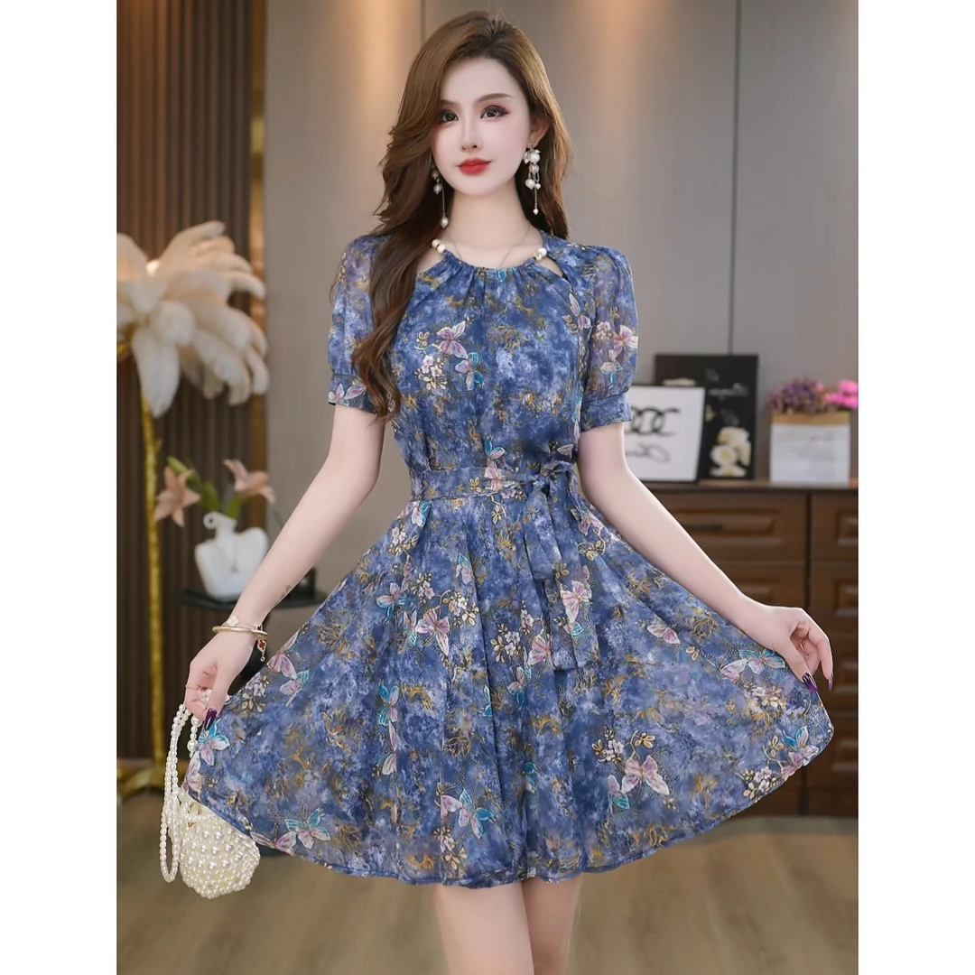 【蝶梦霓裳】绝美洋气蓝色印花显白收腰气质连衣裙 A3145