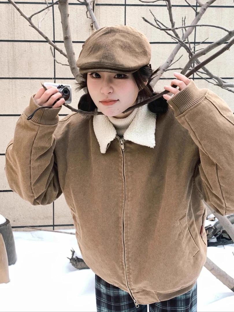 FG韩系羊羔毛外套女冬季2024新款宽松复古加厚夹克棉衣棉服ins潮