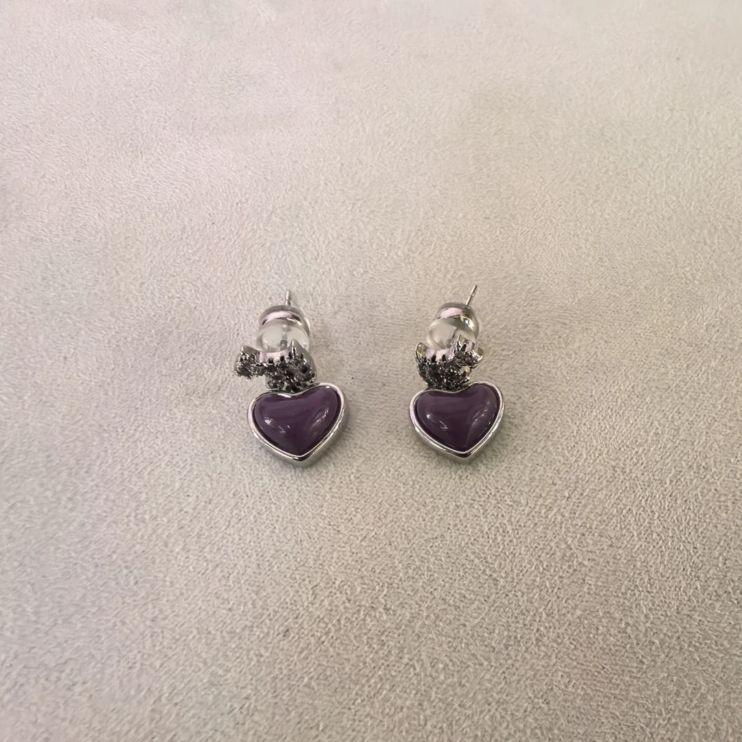 合金耳饰 E314紫色爱心狗狗闪闪耳钉耳饰