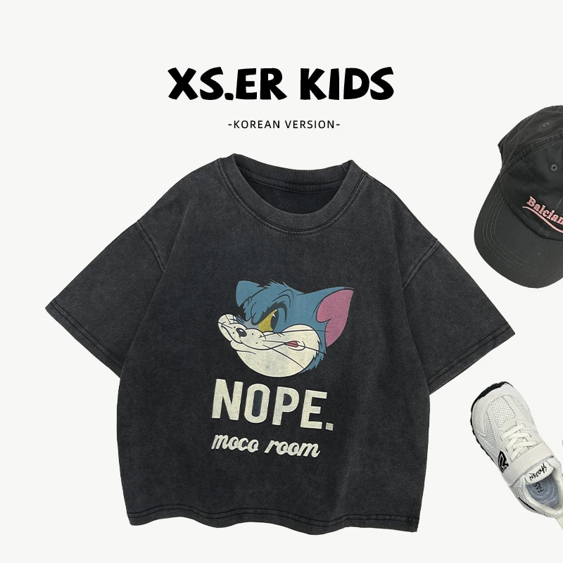 【小饭团】现货【汤姆猫】男女童短袖夏季卡通印花砂洗蜡染T恤SJ5355