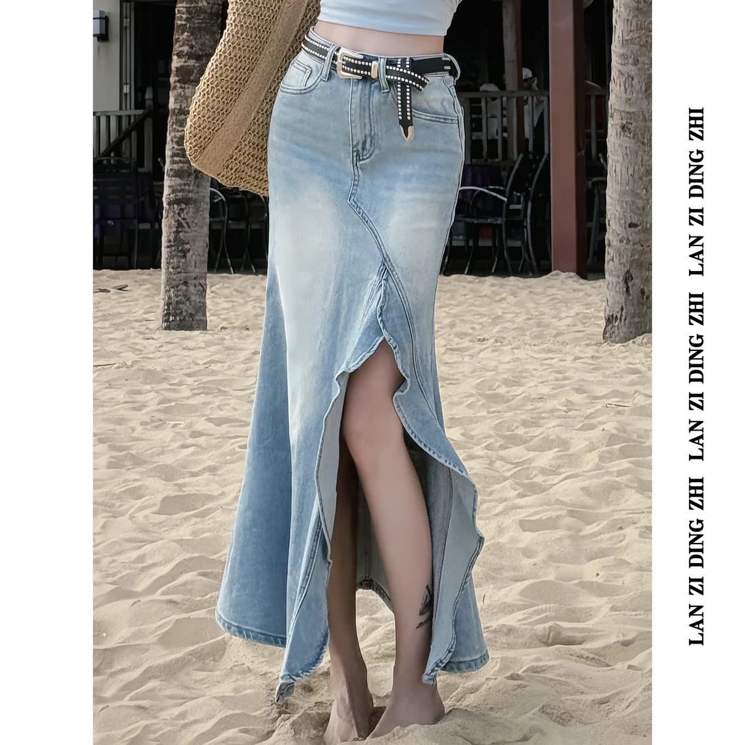 「春日来信」时尚潮流女人气质不规则开叉高腰鱼尾半身牛仔裙