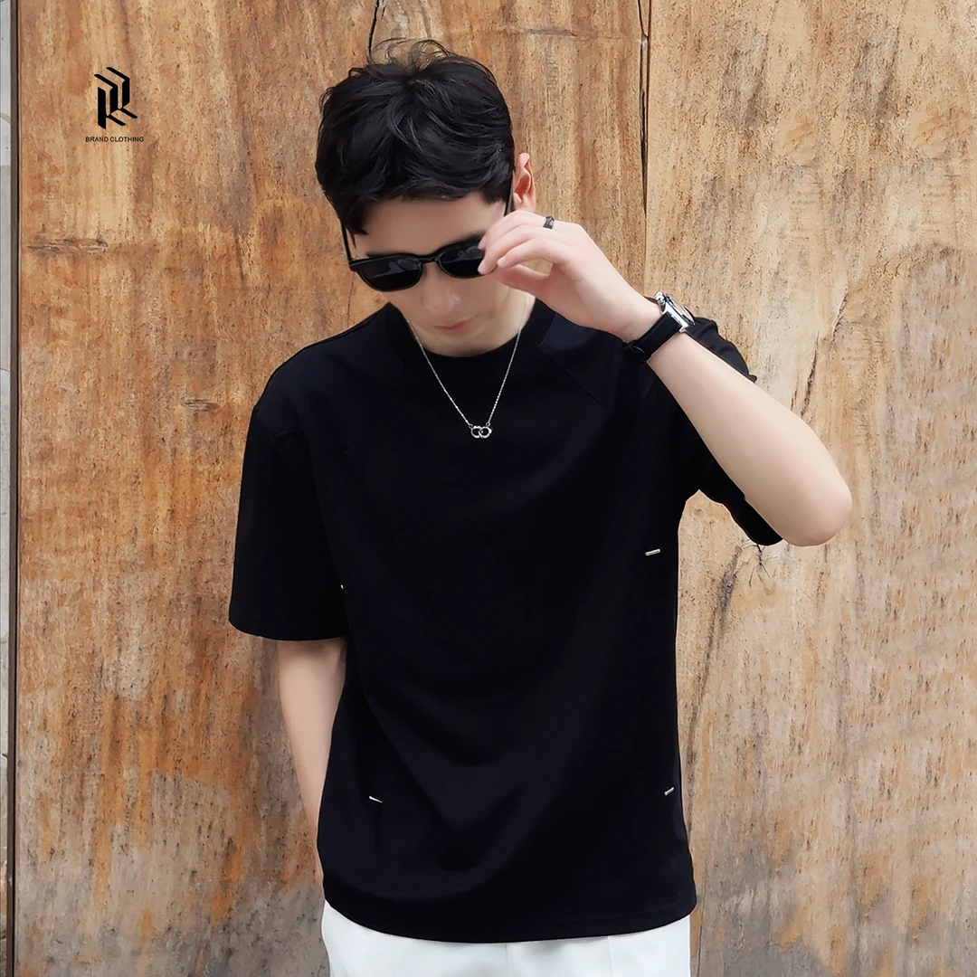 『镶钉立体裁剪设计』冰感棉手工镶钉拼接设计感休闲短袖圆领T恤