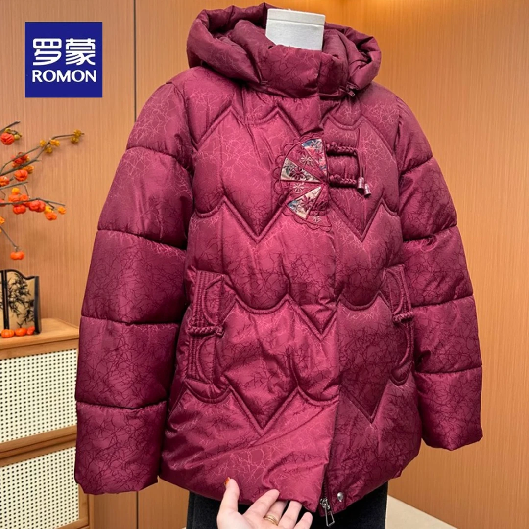 罗蒙妈妈装轻薄保暖国风棉服外套冬装新款刺绣连帽棉袄中老年上衣