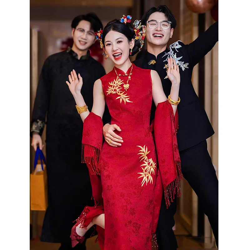 新中式旗袍敬酒服2025新款结婚晨袍女新娘订婚礼裙出阁宴披肩套装