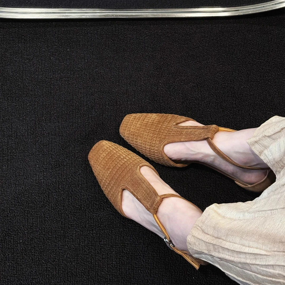 OOZHOU 3cm羊皮真皮小猫跟包头凉鞋女单鞋绝版工艺手工编织