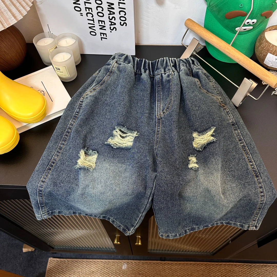 3045潮流洋气时尚个性夏款男女童破洞牛仔中裤