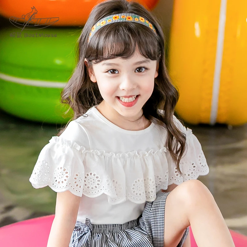 船鼠女童短袖t恤夏季纯棉薄款 小女孩白色镂空花边儿童女宝宝上衣
