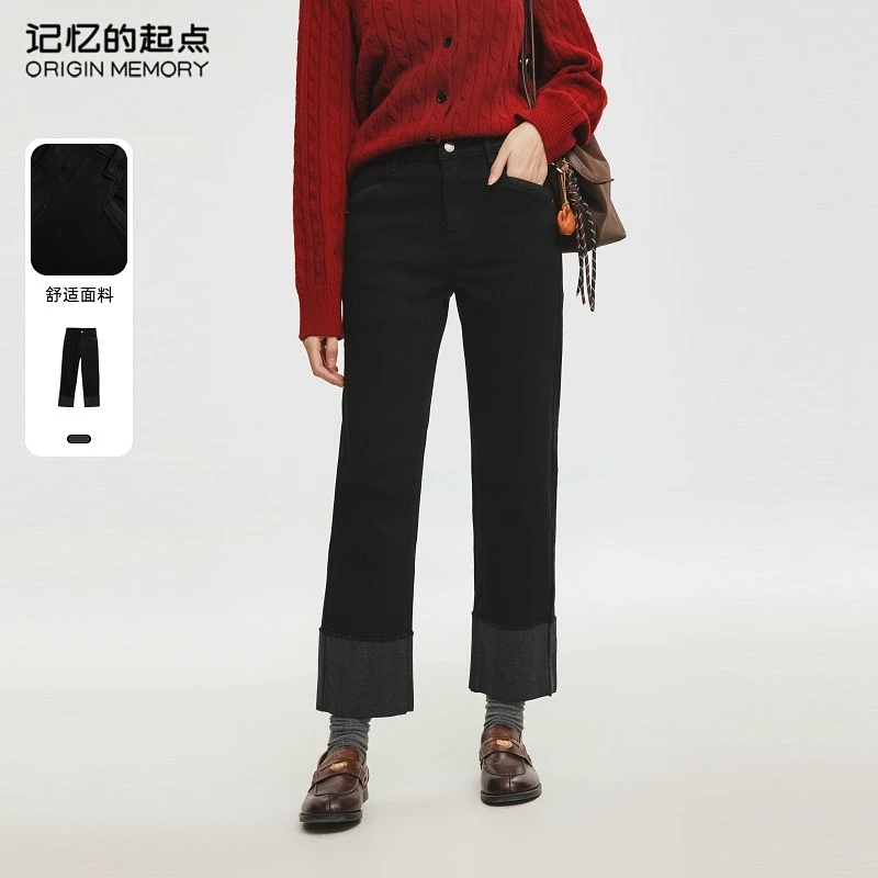 记忆的起点牛仔卷边直筒裤女2025年春新款复古修身长裤69AC25863
